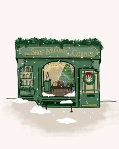 an illustration of a store front decorated for christmas