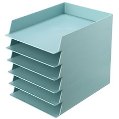 a stack of five blue trays sitting next to each other on a white surface