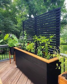 a wooden deck with plants growing in it and on top of the planter box