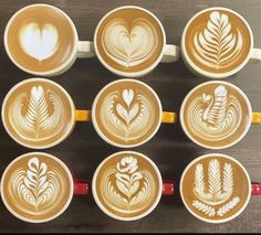 9 cups of latte coffee with different design on a white, red cup and yellow cup Coffee Art Drawing, Coffea Arabica, Coffee Filter Flowers, Coffee Filter Crafts, Coffee Shop Design, Cafe Latte, Irish Coffee, Coffee Type, Coffee Packaging