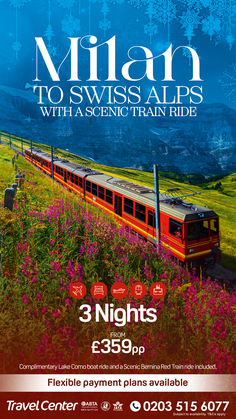 an advertisement for a train ride in the mountains with snowflakes and flowers on it