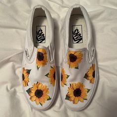 Custom Sunflower Vans From Drip Creationz Low Top Size 7 Womens Never Worn, Nwot Sunflower Vans Outfit, Sporty Yellow Vans Sneakers, White Rainbow Vans, Vans Women Sunfkower, Vans Low-top Floral Print Sneakers, Sunflower Vans, Van Color, Vans White, Womens Vans