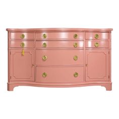 a pink dresser with gold knobs on the top and bottom drawers, against a white background