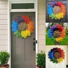 three pictures of different colored flowers on the front door