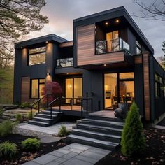 a modern house with stairs leading up to it