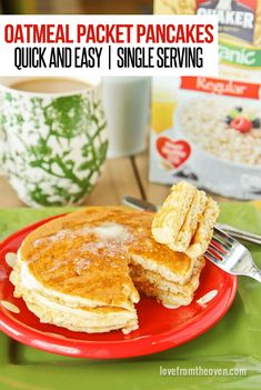 a stack of oatmeal packet pancakes on a red plate