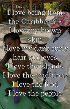 two women sitting at a picnic table with the caption i love being from the caribbean i love my brown skin