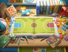 an open book sitting on top of a wooden table filled with toys and bookshelves