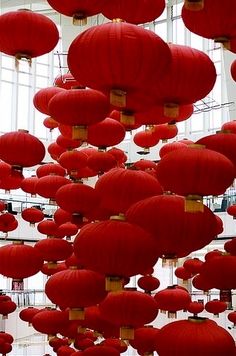 many red lanterns are hanging from the ceiling