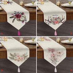 four images show how to make a table runner with flowers and birds on it, along with the instructions for each piece