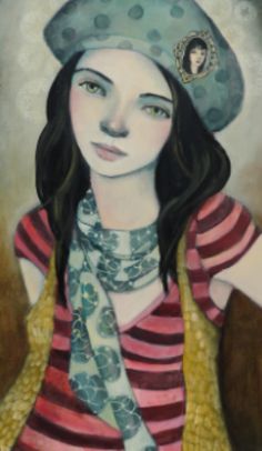 a painting of a woman wearing a hat and scarf with her hands on her hips