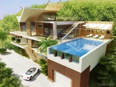 an artist's rendering of a house with a swimming pool in the middle of it