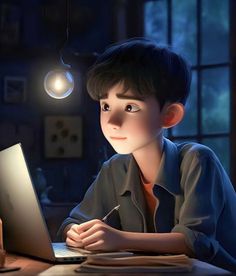 a young boy sitting at a desk in front of a laptop computer with a light bulb above his head