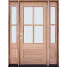 a wooden door with glass panels and sidelights on an isolated white background for display or montage