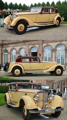 an old yellow car parked in front of a building