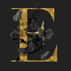 the letter d is surrounded by flowers and butterflies on a black background with gold foil