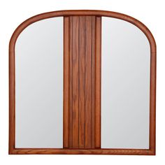 an arched wooden door with glass and wood trim on the front, against a white background