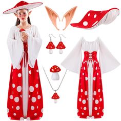 a woman wearing a red and white dress with polka dots on the skirt, hat, and necklace