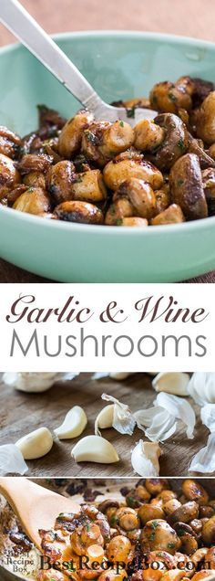 garlic and wine mushrooms in a blue bowl