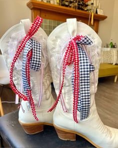 Fourth of july decorative cowboy boots! #cowgirl  #ribbon Ribbon On Cowboy Boot, Decorated Cowboy Boots, Bows On Cowboy Boots, Cowgirl Boots With Ribbon, Ribbon Cowboy Boots, Game Day Boots, Cowboy Boot Decorating Ideas, Cowboy Boots With Ribbon, Ribbon On Boots