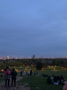 people are flying kites in the park at night with city lights and buildings in the background