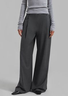 Color: Grey Melange Lightweight wool blend fabric Relaxed fit Straight leg High rise Slant hip pockets Belt loops Zip fly Hook and bar closure Unlined 48% Wool 30% Recycled Polyester 16.5% Polyester 5.5% Lycra Dry Clean Only By The Garment. Imported Elegant Gray Wool Bottoms, Elegant Gray Wool Pants, Gray Full-length Bottoms For Office, Classic Gray Wide Leg Pants For Work, Gray Full-length Office Bottoms, Gray Full Length Office Bottoms, Tailored Gray Bottoms For Tailoring, Wool High-waisted Pants With Welt Pockets, Gray Wide Leg Pants For Formal Fall Occasions