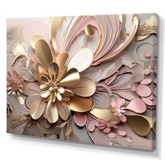 an abstract painting with gold and pink flowers