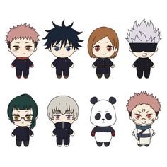 an assortment of anime characters with different hair colors and facial expressions, all wearing black clothes