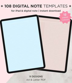 two sheets of paper with the text'8 digital note templates for ipad and iphone instant