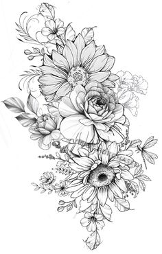 a black and white drawing of flowers