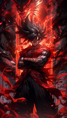 an anime character standing in front of red flames