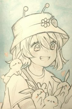 a drawing of a girl with a hat and flowers on her head holding a cat