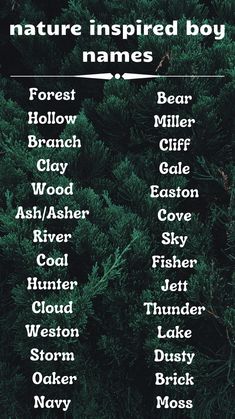 the names of nature inspired boy names in white on a green background with pine trees