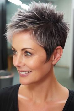 Opt for the tapered neckline cut with spiky top – an edgy and modern look. The ladies’ fine hair taper is neat and spiky at the top. Click here to check out more flattering short hairstyles for women over 50 with fine hair. Spikey Pixie, Haircuts For Ladies, Nurse Hairstyles, Short White Hair