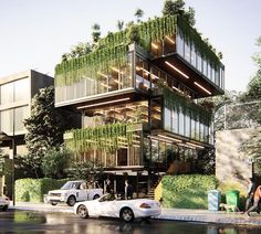 an artist's rendering of a building with plants growing on it