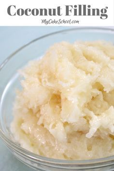 a close up of a bowl of food on a table with the words delicious coconut filling