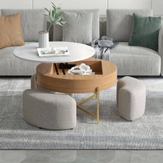 a living room with couches, chairs and a coffee table in the center area