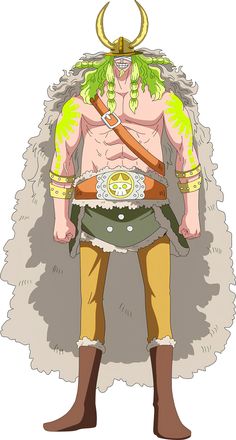 an anime character with long hair and horns on his head, standing in front of a white