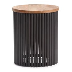 the black and wood side table is made out of metal rods with wooden top, which are