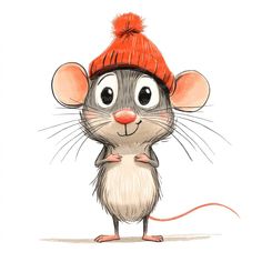 a drawing of a mouse wearing a red knitted hat with pom - poms