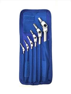 six tools in a blue pouch on a white background