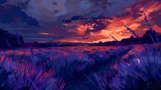 a painting of a sunset over a field