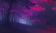 a painting of trees in the woods with purple and red leaves on them at night