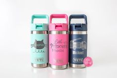 three stainless steel insulated water bottles in different colors and designs, one with a cat on it