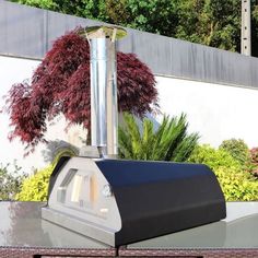 an outdoor pizza oven sitting on top of a table in front of a wall and trees