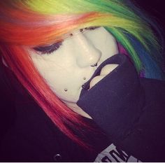 Rainbow Emo Hair, Rainbow Raccoon Tail Hair, Scene Kid Hair, Rainbow Scene, Scene Hair Colors, Emo Scene Girls, Hair Rainbow, 2000s Scene, Scene Girl