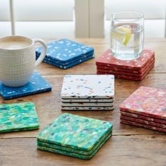 Set of 4 Recycled Plastic Square Coasters - Eco-Friendly - Sustainable Gifts - Drink Mat - New Home Gift - Tableware - Handmade Gift Plastic Upcycling, Plastic Waste Recycling, Easy Homemade Gifts, Plastic Fabric, Leather Bound Journal, Square Coasters, Recycled Plastic Furniture, Plastic Furniture, Rose Shop