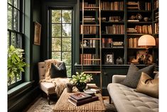 a living room filled with furniture and bookshelves next to a window covered in lots of books