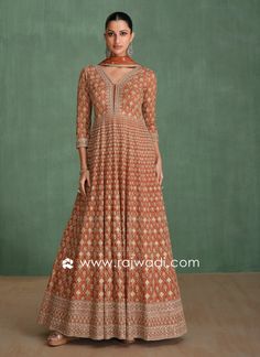 Golden Brown Embroidered Anarkali With Dupatta... Wedding Anarkali Dress, Organza Lehenga, Designer Gown, Party Wear Lehenga