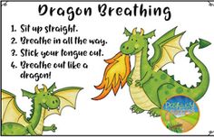 a hand holding up a dragon breathing activity card on a wooden table with text below it